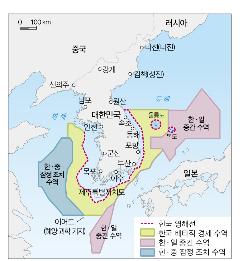 우리나라의 배타적 경제 수역을 나타낸 지도이다.