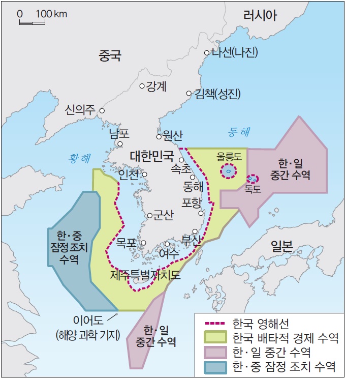 우리나라의 배타적 경제 수역을 나타낸 지도이다.