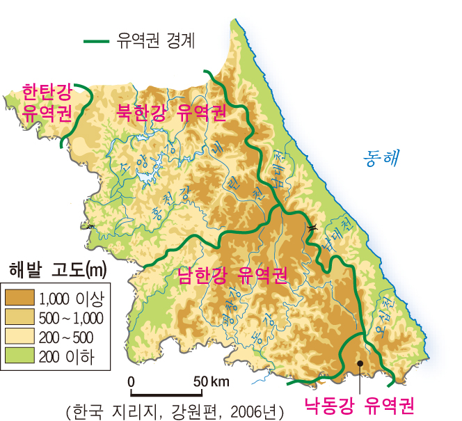 강원도의 유역권을 나타낸 지도